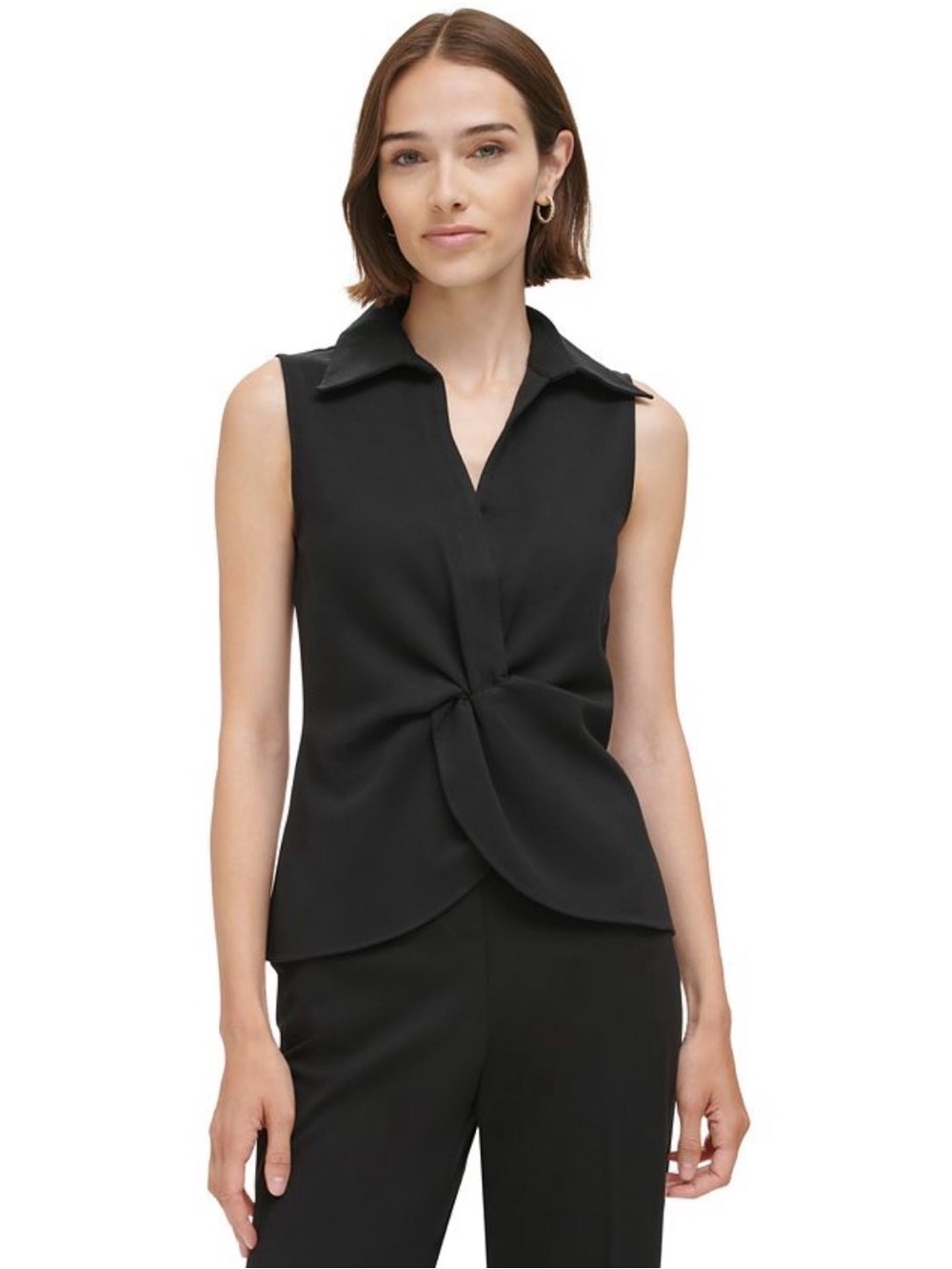 Calvin Klein Black Sleeveless Collared Twist-Front Tulip Hem Top — Size Medium